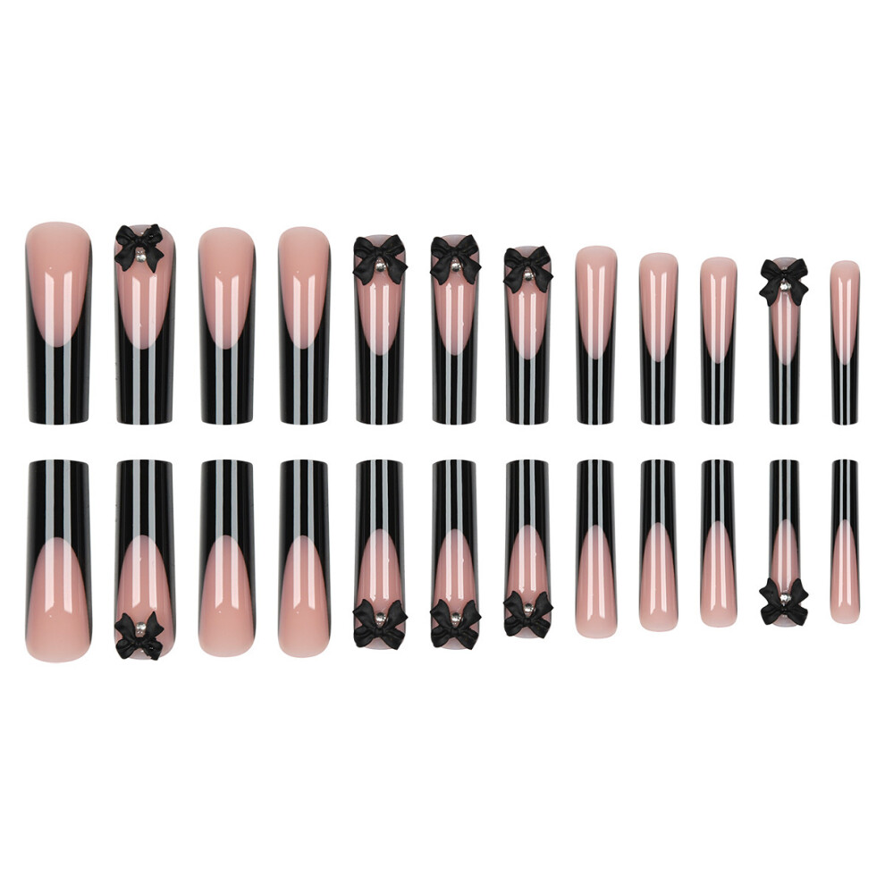 Roc-Electron 24Pcs French False Nails With Bow, Black Edge, Uv Glossy