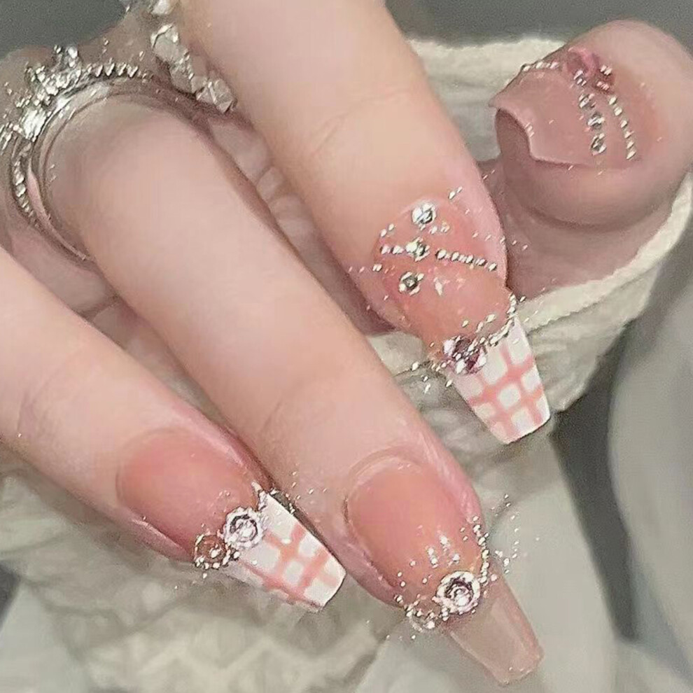 Bright-Home (Xs) Gentle Pink Fake Nails With Grids Printed Chip-Proof Smudge-Proof Fake Nails For Shopping Traveling Dating