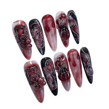 (XS) Floral Fake Nails - Black & Red Manicure Set