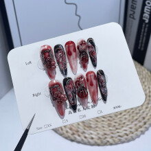 (L) Floral Fake Nails - Black & Red Manicure Set