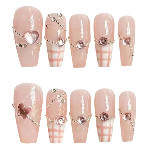 (M) Pink Grid Fake Nails, Chip & Smudge Proof 2