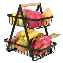 2 Tier Carbon Steel Fruit Basket, 32x20x7cm, Black Portable Storage Stand