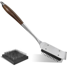 Grill Brush with Scraper Stainless Steel Bristles Scratch BBQ Cleaner Long Wood Handle with Replacement Head
