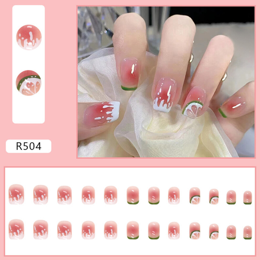 Zhouq-Outdoors (Jelly Glue Model) 24Pcs Green Lemon False Nails - Glossy Short