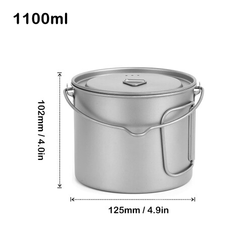 1100ml Titanium Camping Pot with Lid, Foldable Handles, 4.9x4.0in 2