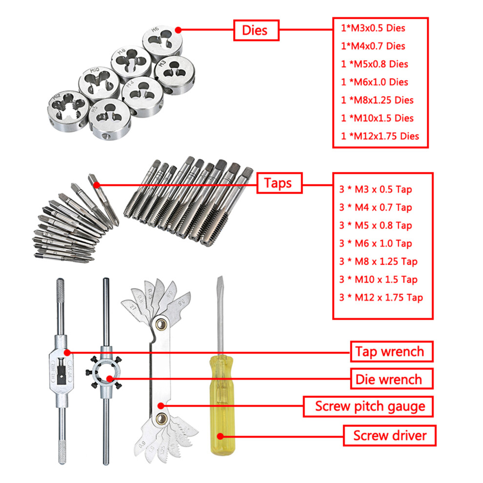 32 Pcs HSS Wrench Cut Tap Die Set Metric