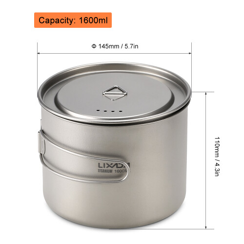 1600ml Titanium Ultralight Camping Pot with Foldable Handle, 145x110mm 1