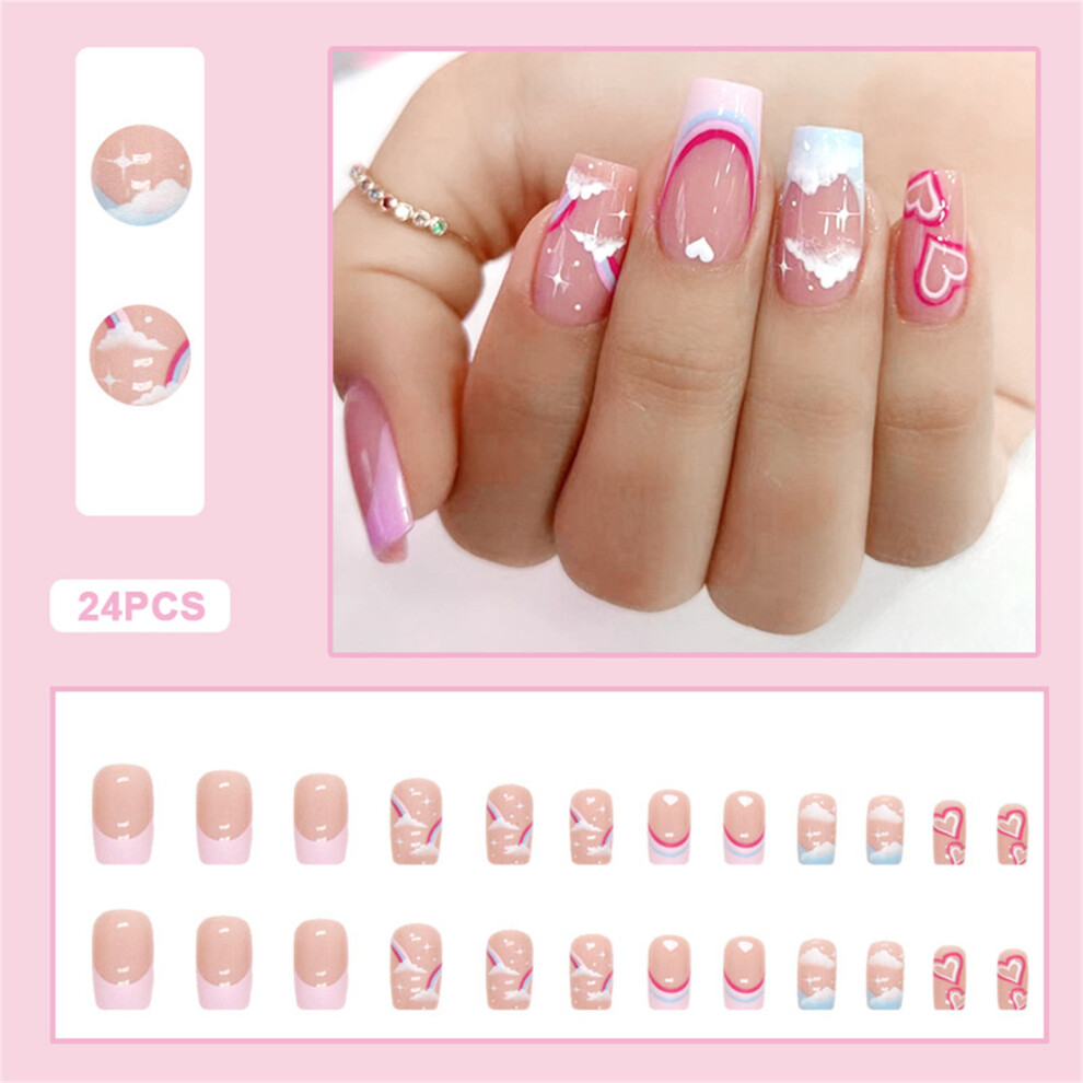 Roc-Electron 24Pcs French False Nails, Rainbow Heart, Abs, Party/Wedding
