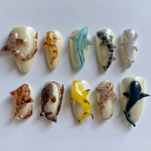 (S) 10pcs Sea Animal Fake Nails, Shark & Ray, Summer Beach