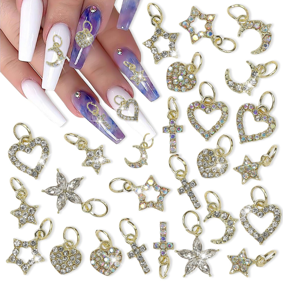 26pcs 3D Nail Art Charms Gold Alloy with Rhinestones Heart Cross Moon Star Set for DIY Manicure