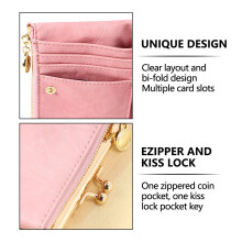 Women's Short Wallet Bifold Retro Multifunction Coin Purse with Zip and Kiss Lock