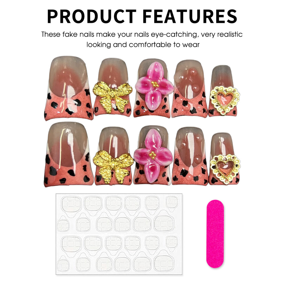 Dachuang Beauty (L) 10Pcs Bowknot Leopard False Nails, Reusable