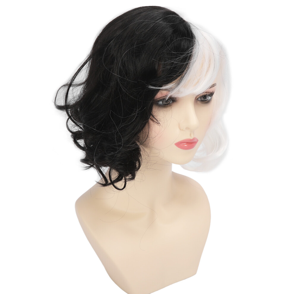 Unisex White,Black Women Short Curly Wavy Half Black White Synthetic Wig For Daily & Events