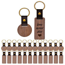 26 Pcs Leather Wood Keychain Blanks, Rectangle and Round Blank Wood Engraving Keychain with Leather Strap,for DIY
