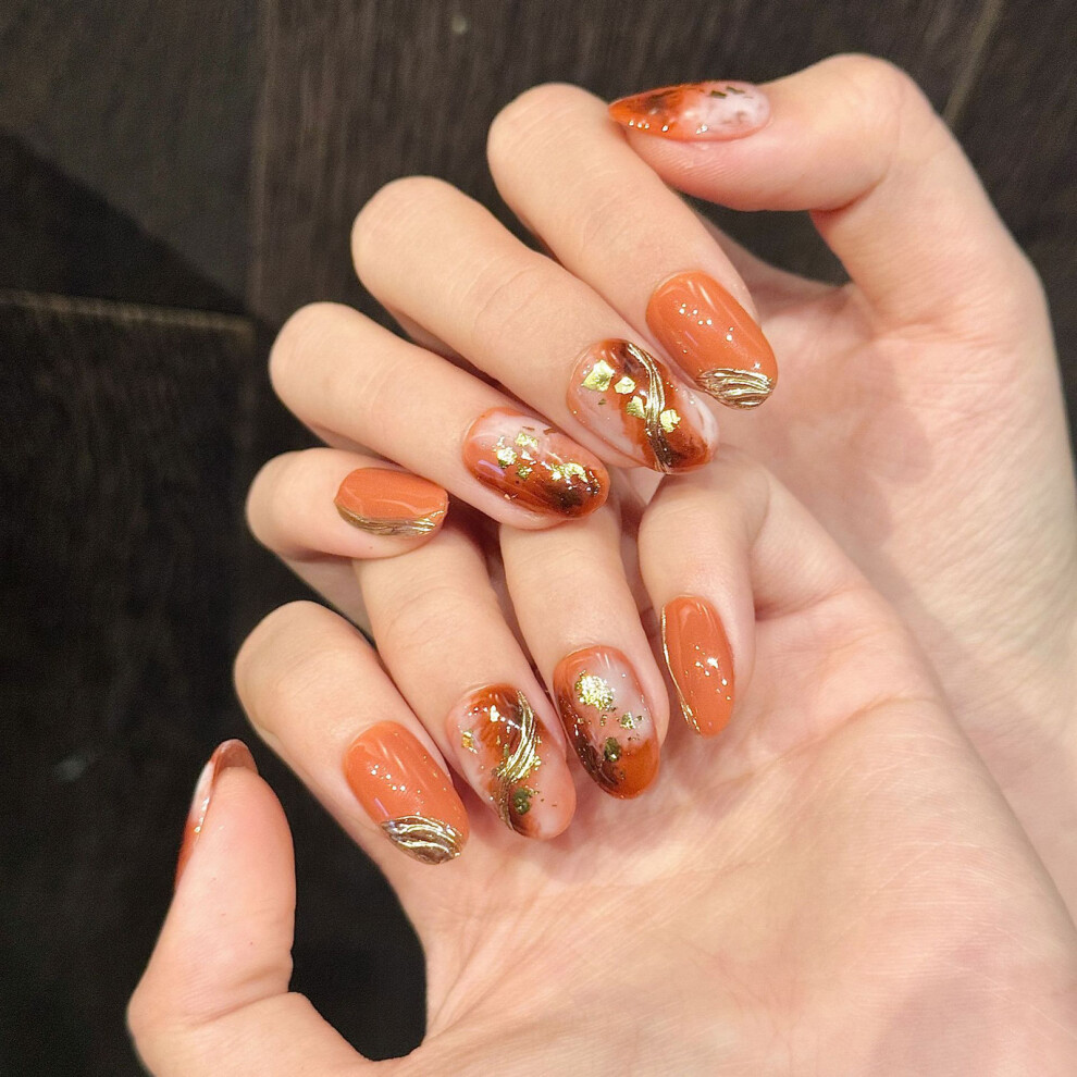 Roc-Electron (S) Glossy Orange Press-On Nails, Waterproof & Long-Lasting