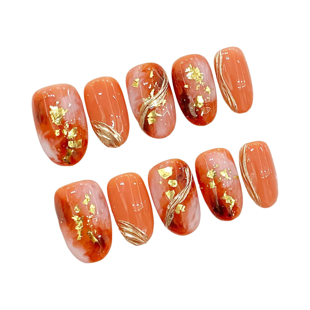 Roc-Electron (M) Glossy Orange Press-On Nails, Waterproof & Long-Lasting