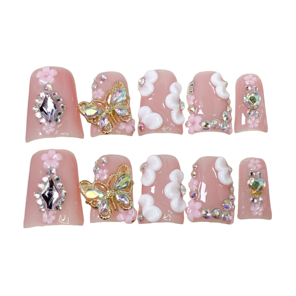 Hue-Grain (Short Duckbill, S) 3D Rhinestone Butterfly Fake Nails - 10Pcs