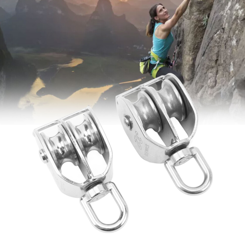 2Pcs Stainless Steel Double Pulley Block M32 250Kg 360 Rotation For Cable Lifting 4901389439367