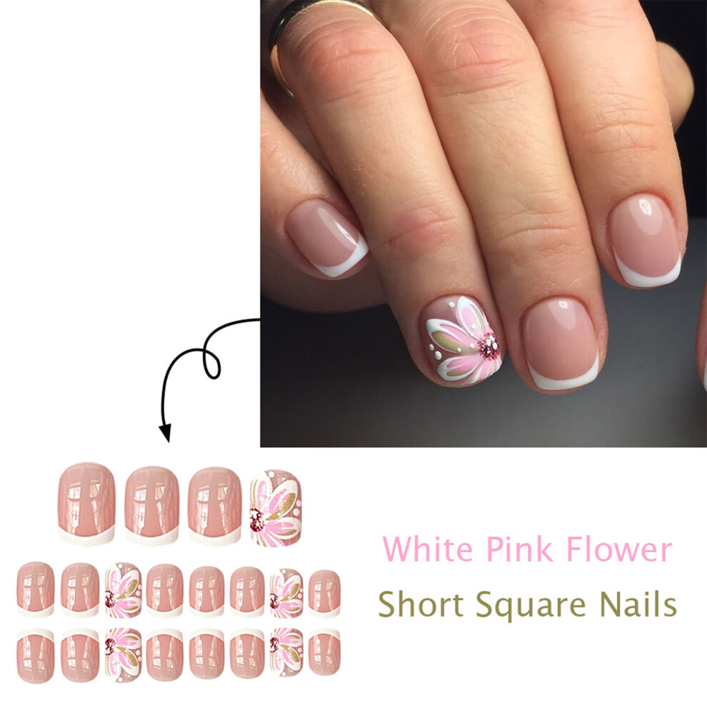 Reach-Tools Pink Short Press On Nails, White Tips, Durable