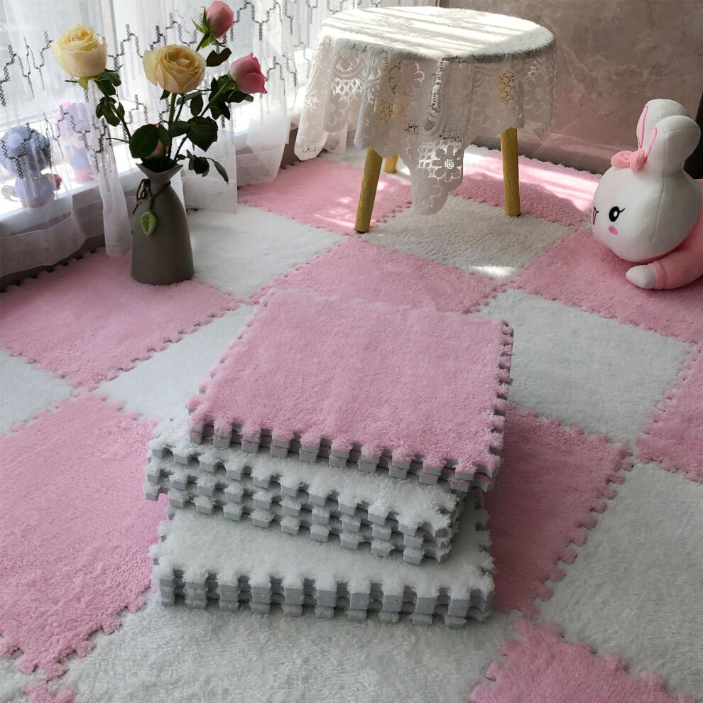12Pcs 30Cm Plush Interlocking Floor Mats With Border, Soft Anti‑Slip Carpet Tiles For Kids Playroom And Pink/Red/White