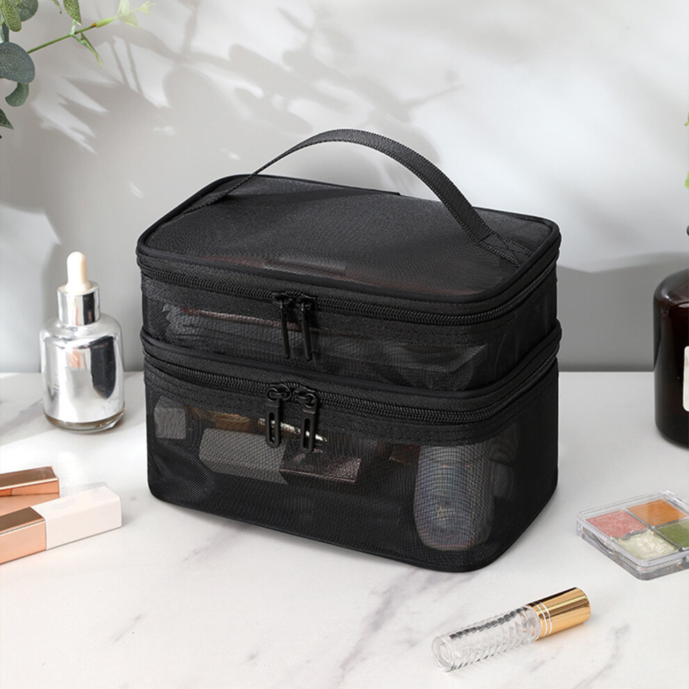 Black Double Layer Pvc Cosmetic Bag, Large Capacity, 22X14x15cm