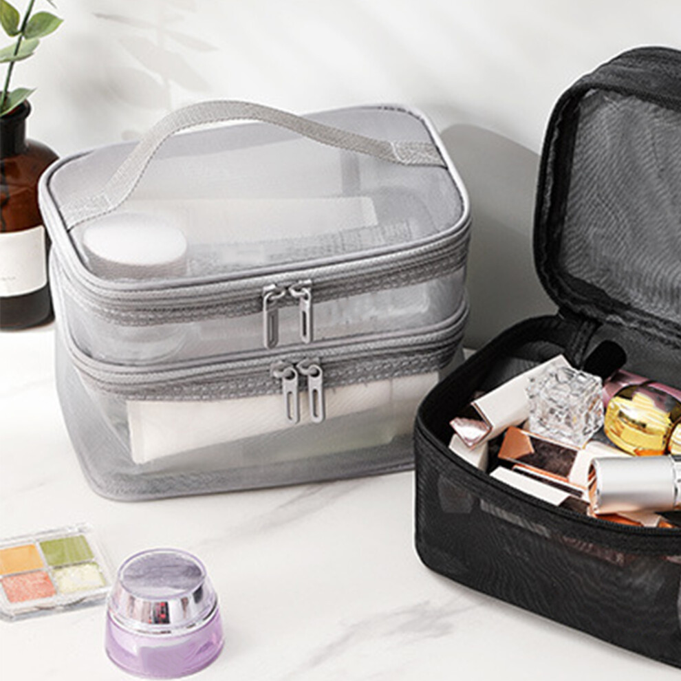 Grey Double Layer Pvc Cosmetic Bag, Large Capacity, 22X14x15cm