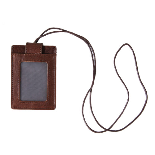 Cowhide Leather RFID ID Badge Holder Wallet with Removable Strap Coffee 1