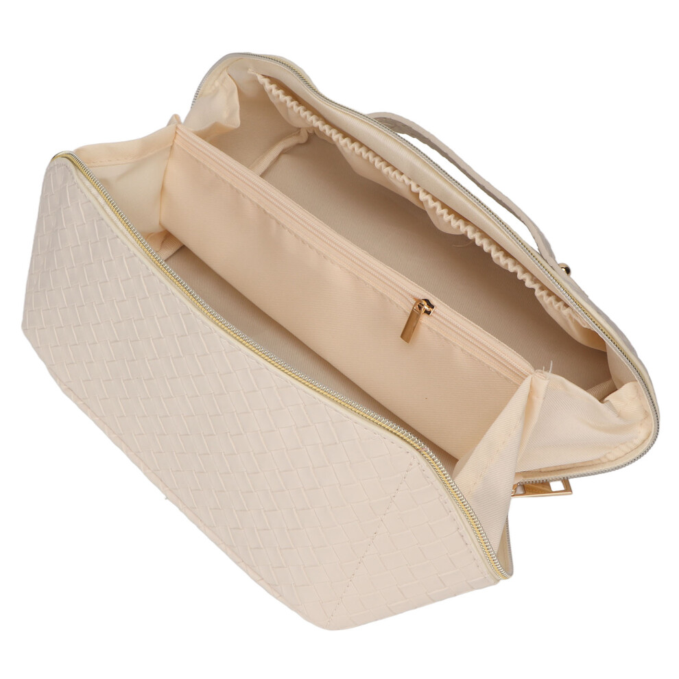 White Pu Leather Makeup Storage Bag Woven Pattern Zipper Organizer Â
