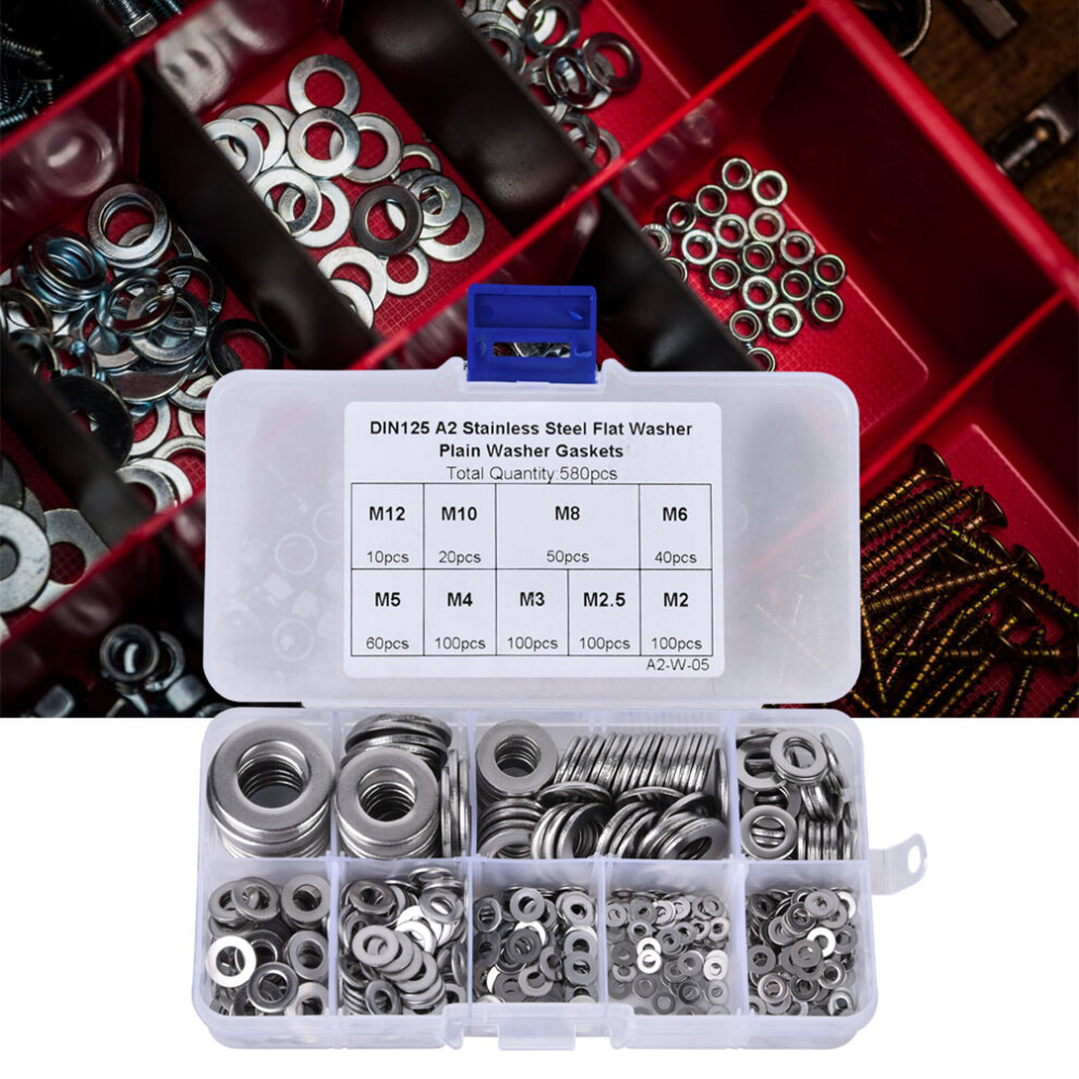 580Pcs Stainless Steel Flat Washer Set M2-M12 Assortment For Fastening & Electrical Projects 4131389446823