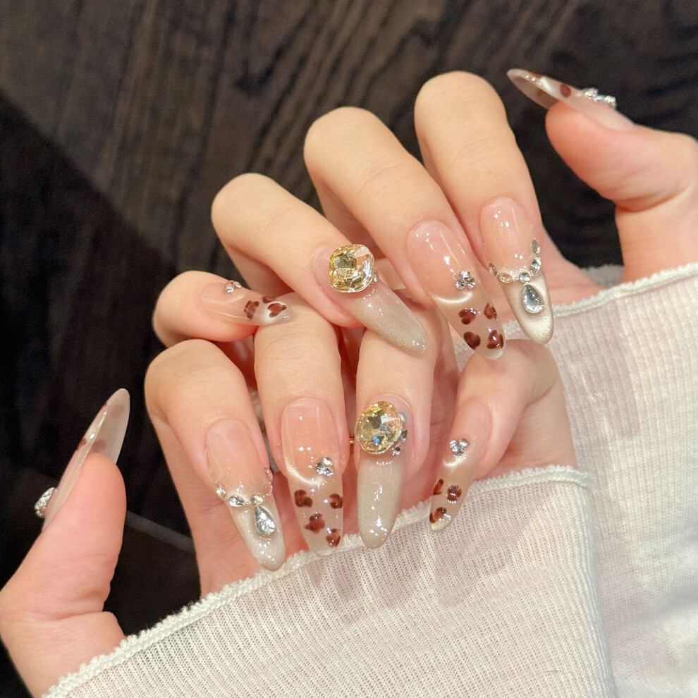 Creation-3C (L) Flower Rhinestone Silver Pink Press On Nails