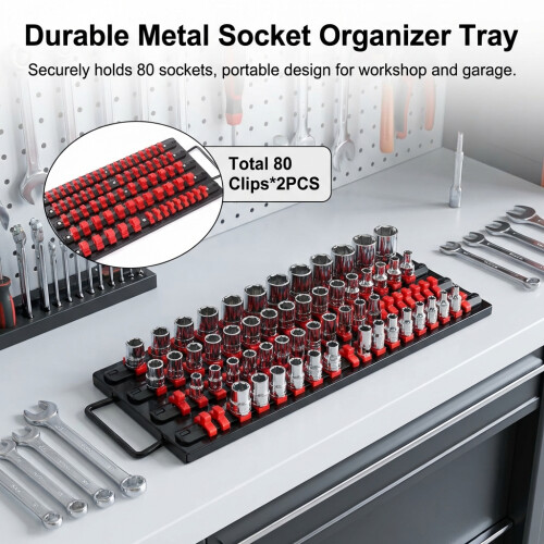(Red) 80pcs Socket Organizer for 1/4-1/2\" Sockets, Durable Plastic 1