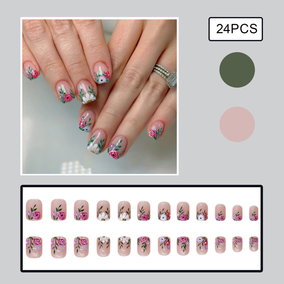 Creation-3C Pink 24Pcs Square Fake Nails With Flower Tip