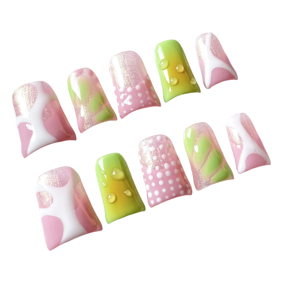 Creation-3C (L) Pink & Green Duckbill Press-On Nails - Durable & Stylish