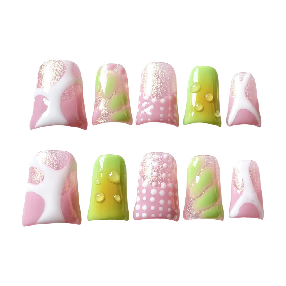 Creation-3C (M) Pink & Green Duckbill Press-On Nails - Durable & Stylish