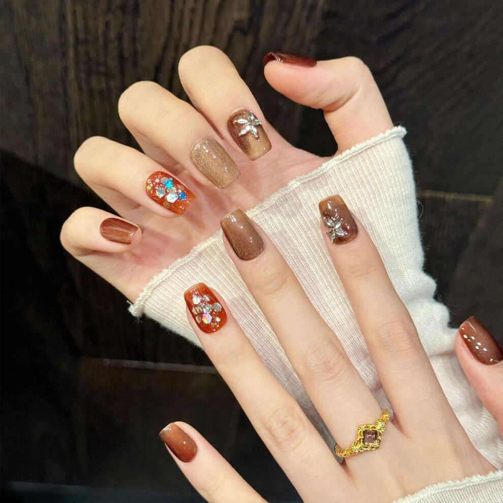 Reach-Tools (M) 10Pcs Brown Ombre Coffin Nails With Rhinestones