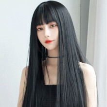 (Black) 28\" Straight Synthetic Wig with Bangs