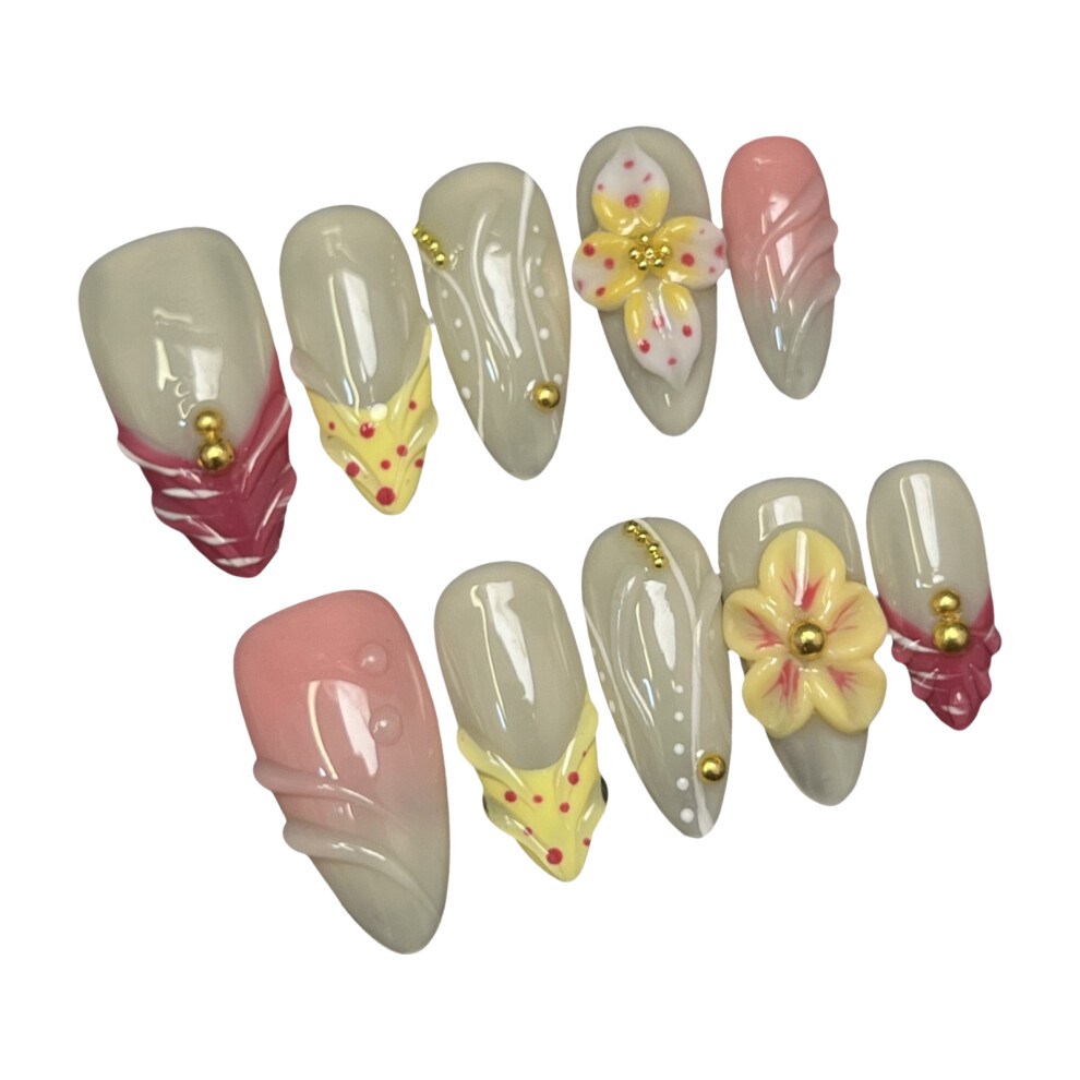 Penghui-Toys (Xs) 10Pcs Glossy Nude Fake Nails With 3D Flower Reusable Long Lasting Press On Nails For Working Dating Or Partying