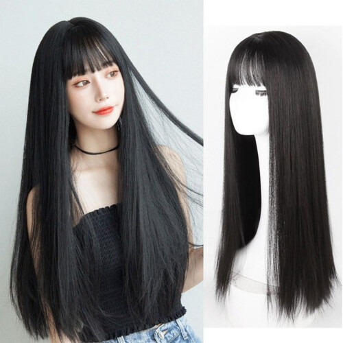 (Black) 28\" Straight Synthetic Wig with Bangs 1