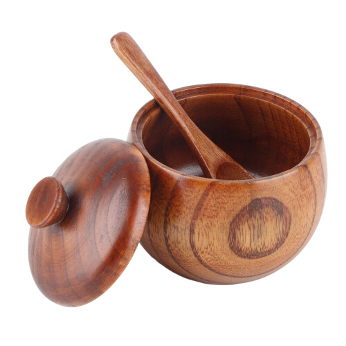 Wooden Sugar Bowl with Lid and Spoon