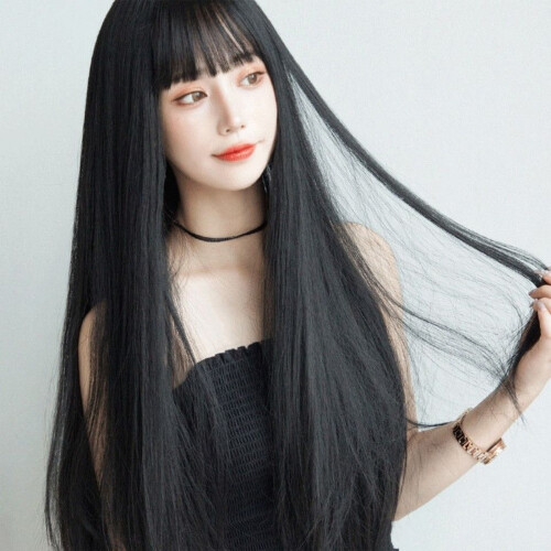 (Black) 28\" Straight Synthetic Wig with Bangs 2