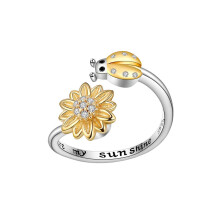 Sunflower Ladybug Fidget Anxiety Ring for Women Adjustable Silver Plated Spinner with You Are My Sunshine Engraving