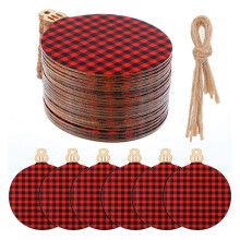 10-Pack Plaid Christmas Tree Hanging Ornaments70x85mm Wood Black & Red for Home Decor featuring Hemp Rope