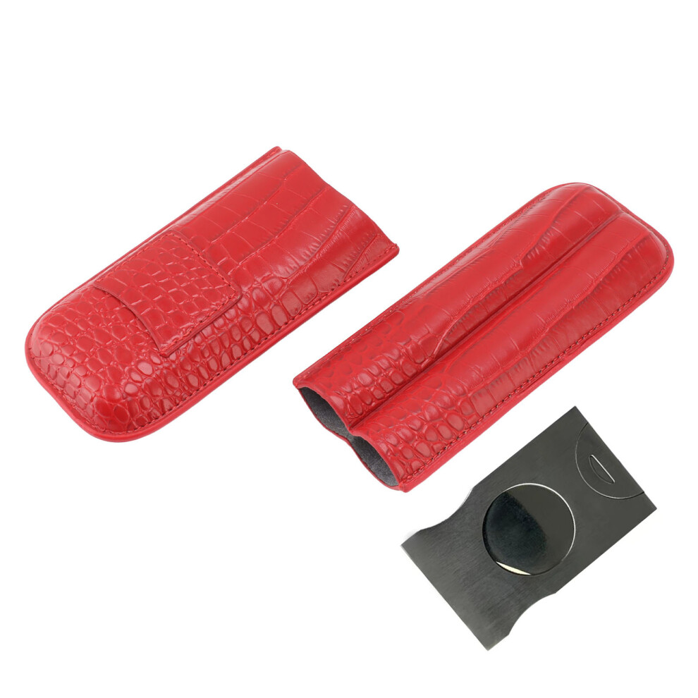 Red 2 Slot Leather Cigar Case Holder With Cutter, 18X7.5cm