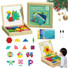 Wooden Magnetic Pattern Block Puzzle Set 180PCS Montessori Learning Tangram with Design Cards and Storage Box