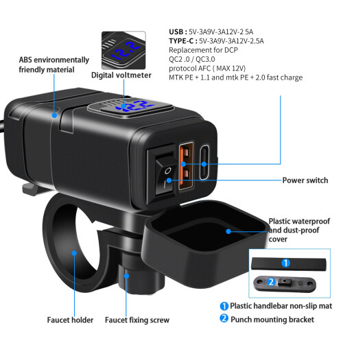 SAE Motorcycle USB Charger with Switch 1