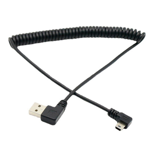 Mini USB Coiled Cable, Left Angle USB A Male