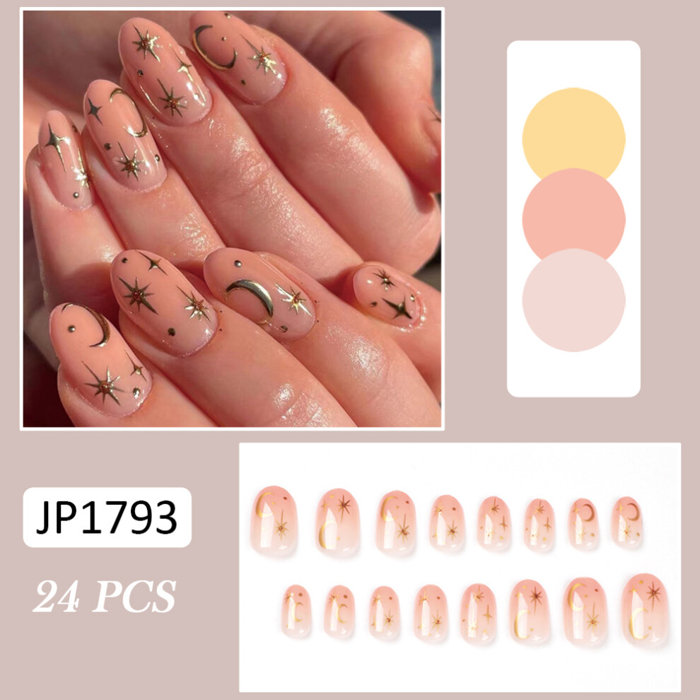 Reach-Tools (Jelly Glue Model) Pink Gradient Acrylic False Nails With Moon & Star Print