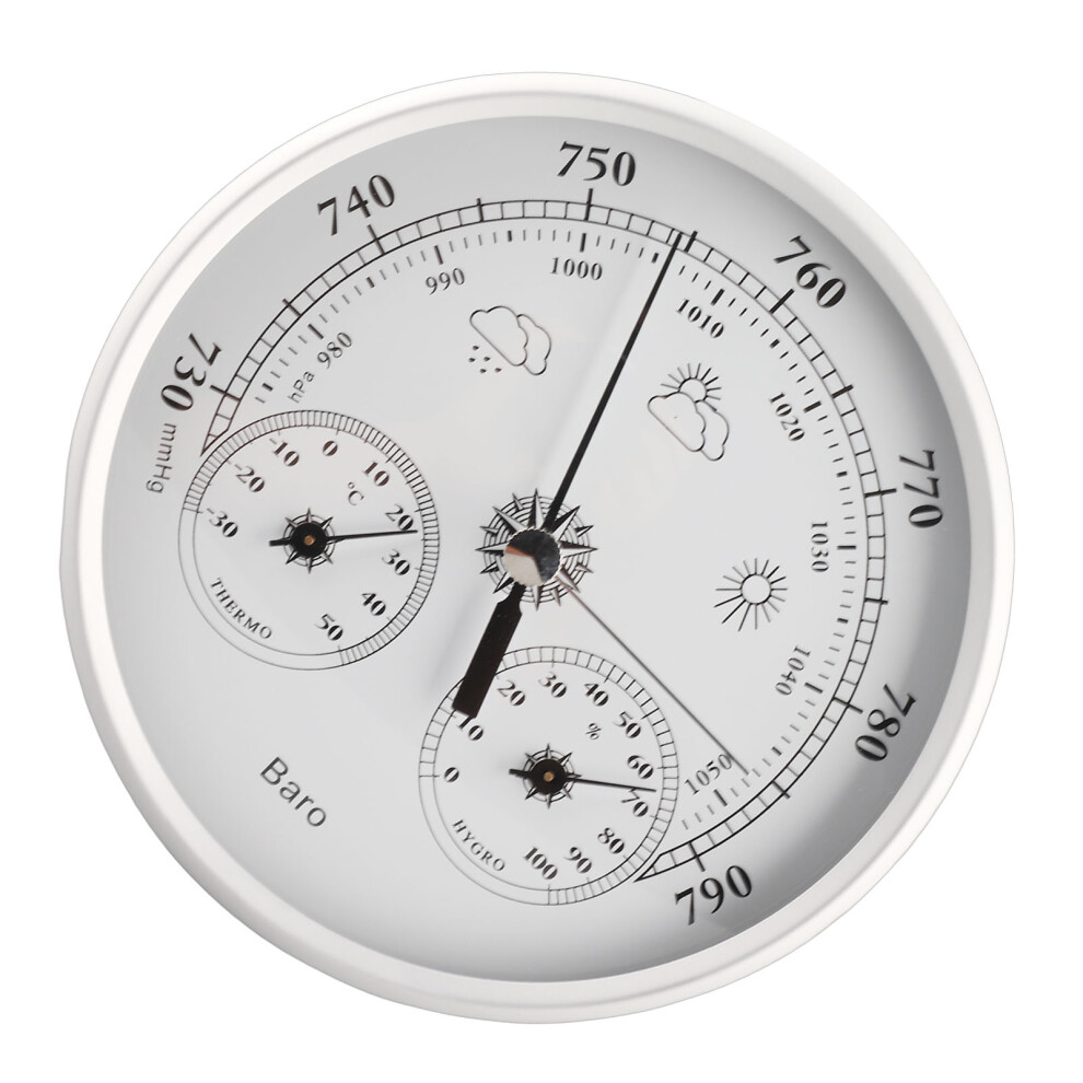All Season 3-in-1 Silver White Wall Thermometer Barometer Hygrometer, 130mm