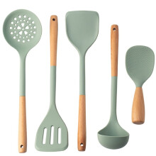 5pcs Silicone Kitchen Utensils Set with Wooden Handle Non-Stick Spatula Cooking Set Frying Spatula Ladle Rice Spoon