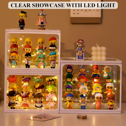 Clear Display Case for Figures and Collectibles, Large 2 Tier Acrylic Display Box with LED Light and Dustproof Stackable Design 1